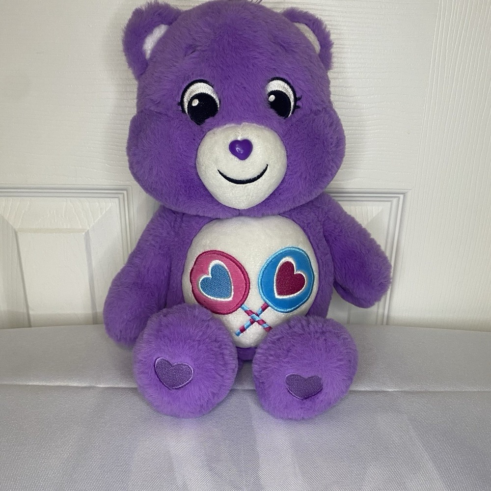 Care Bears Share Bear Plush‎ 14" Purple Lollipop Hearts Stuffed Animal Toy Nice